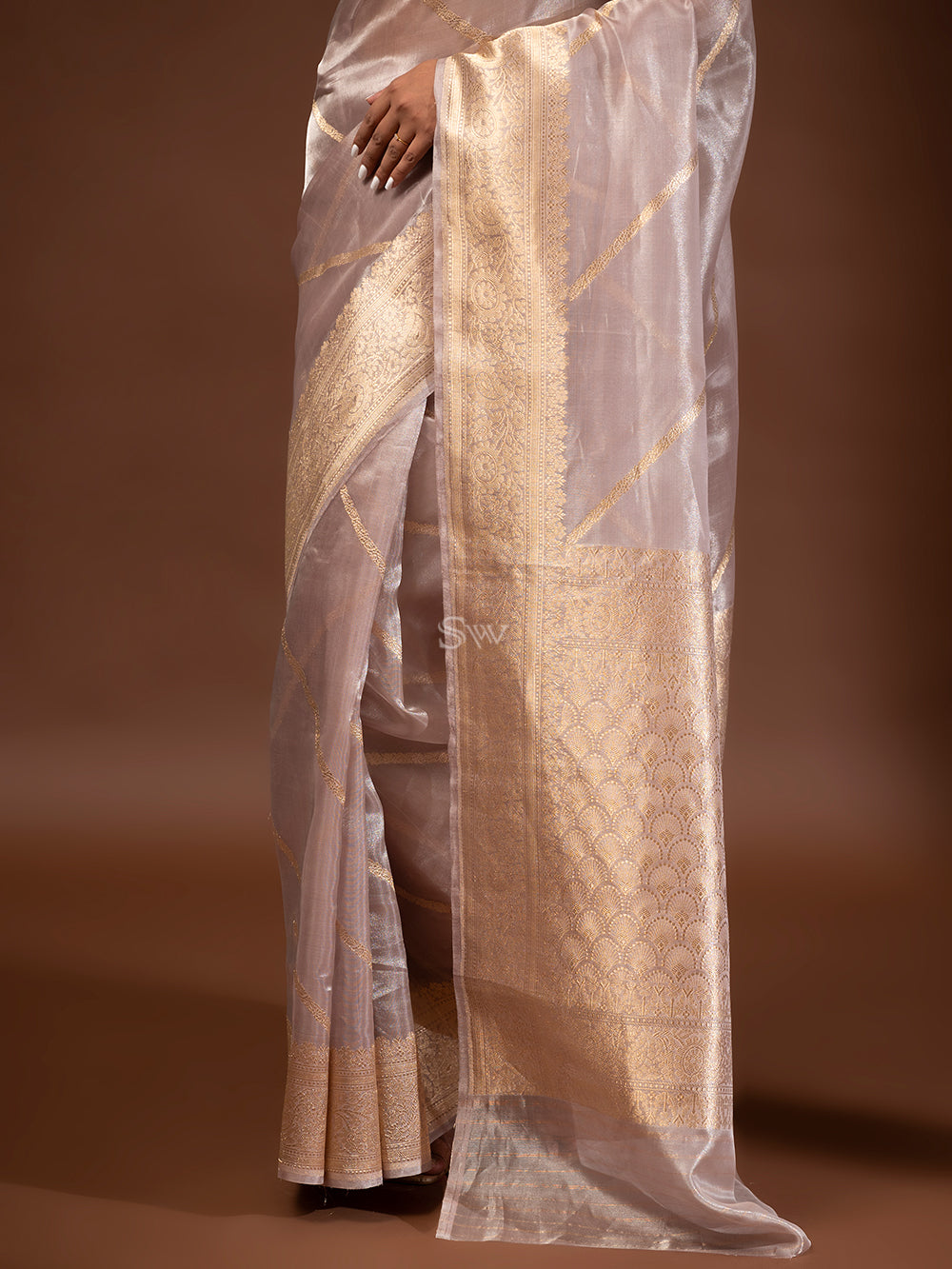 Grey Gold Tissue Handloom Banarasi Saree - Sacred Weaves