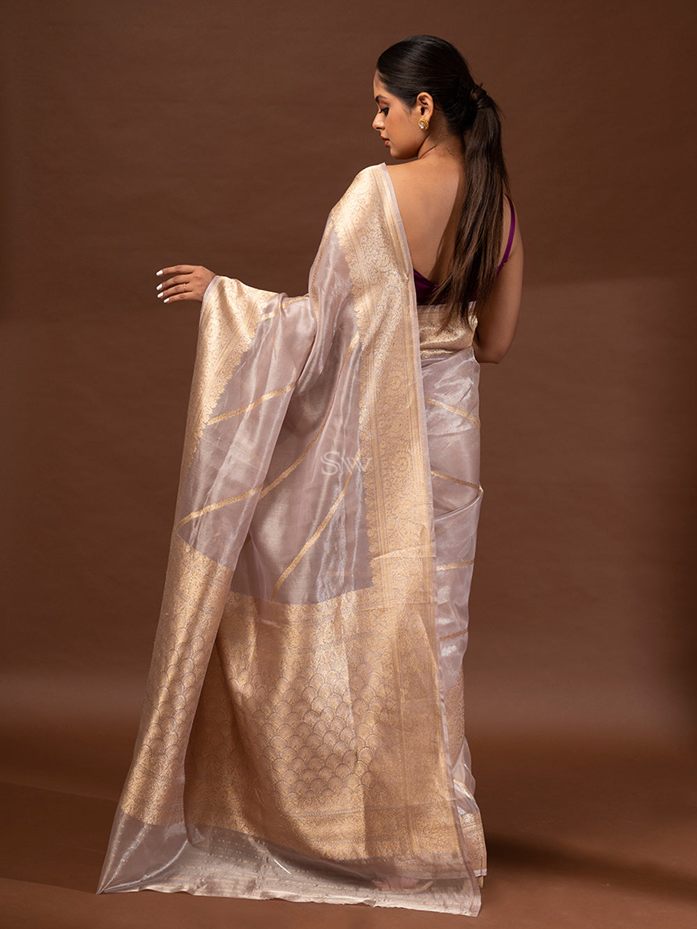 Grey Gold Tissue Handloom Banarasi Saree - Sacred Weaves