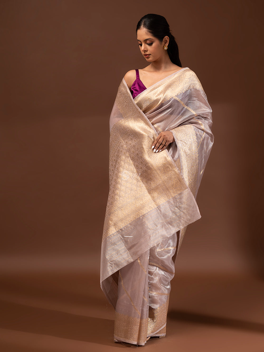 Grey Gold Tissue Handloom Banarasi Saree - Sacred Weaves