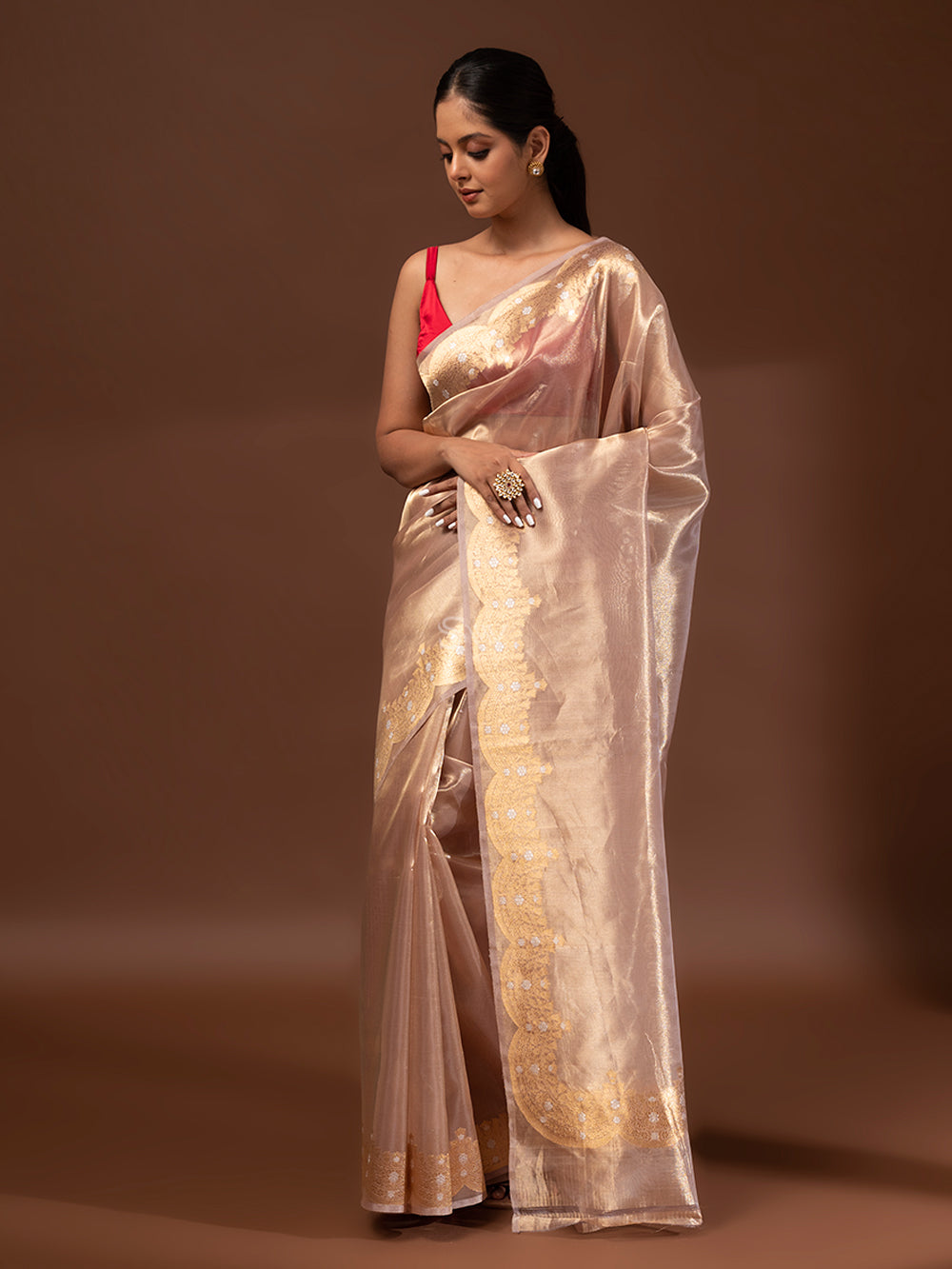 Light Brown Tissue Handloom Banarasi Saree - Sacred Weaves