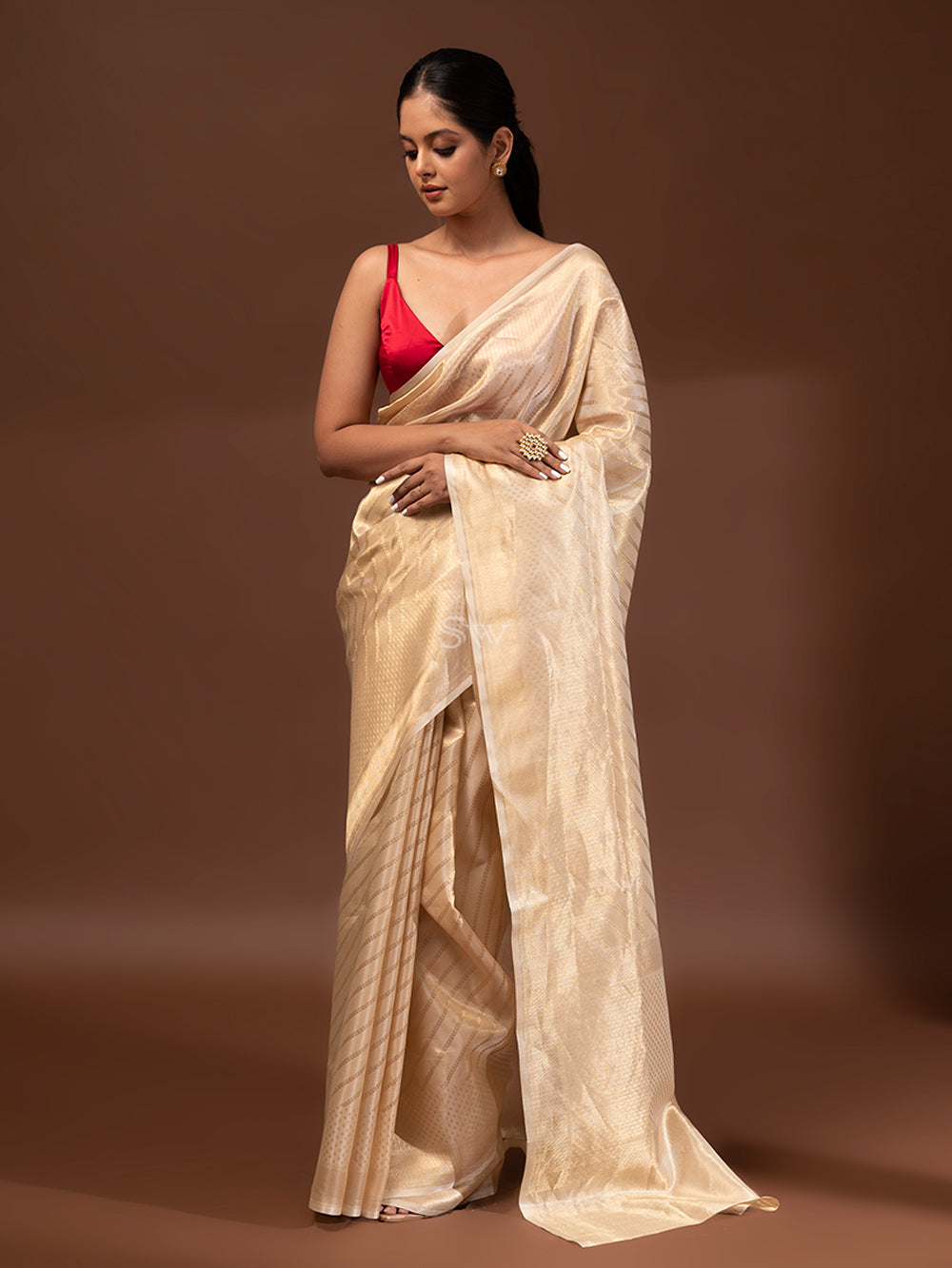 Beige Gold Tissue Handloom Banarasi Saree - Sacred Weaves