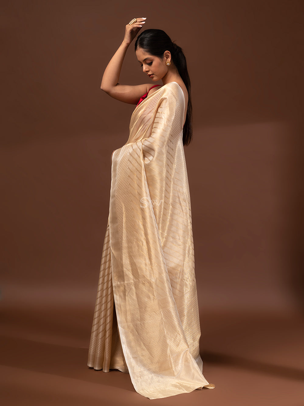 Beige Gold Tissue Handloom Banarasi Saree - Sacred Weaves