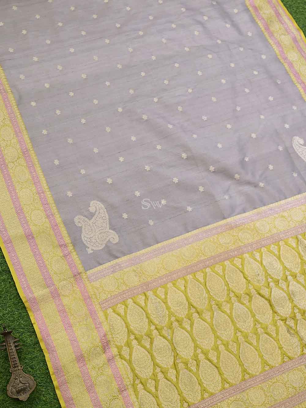 Grey Booti Tussar Silk Handloom Banarasi Saree - Sacred Weaves