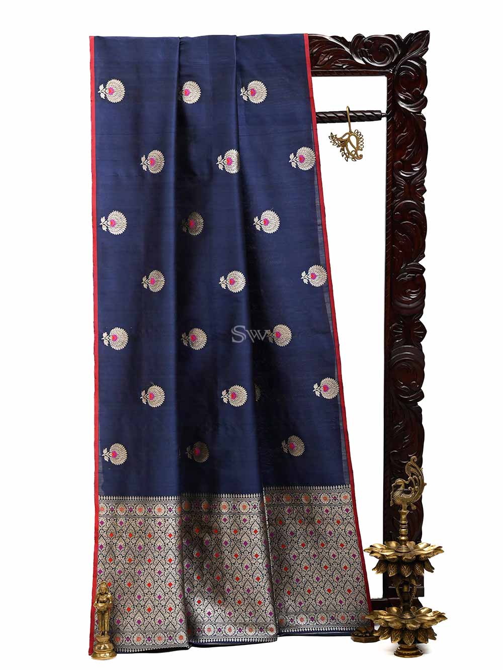 Navy Blue Meenakari Boota Tussar Silk Handloom Banarasi Saree - Sacred Weaves