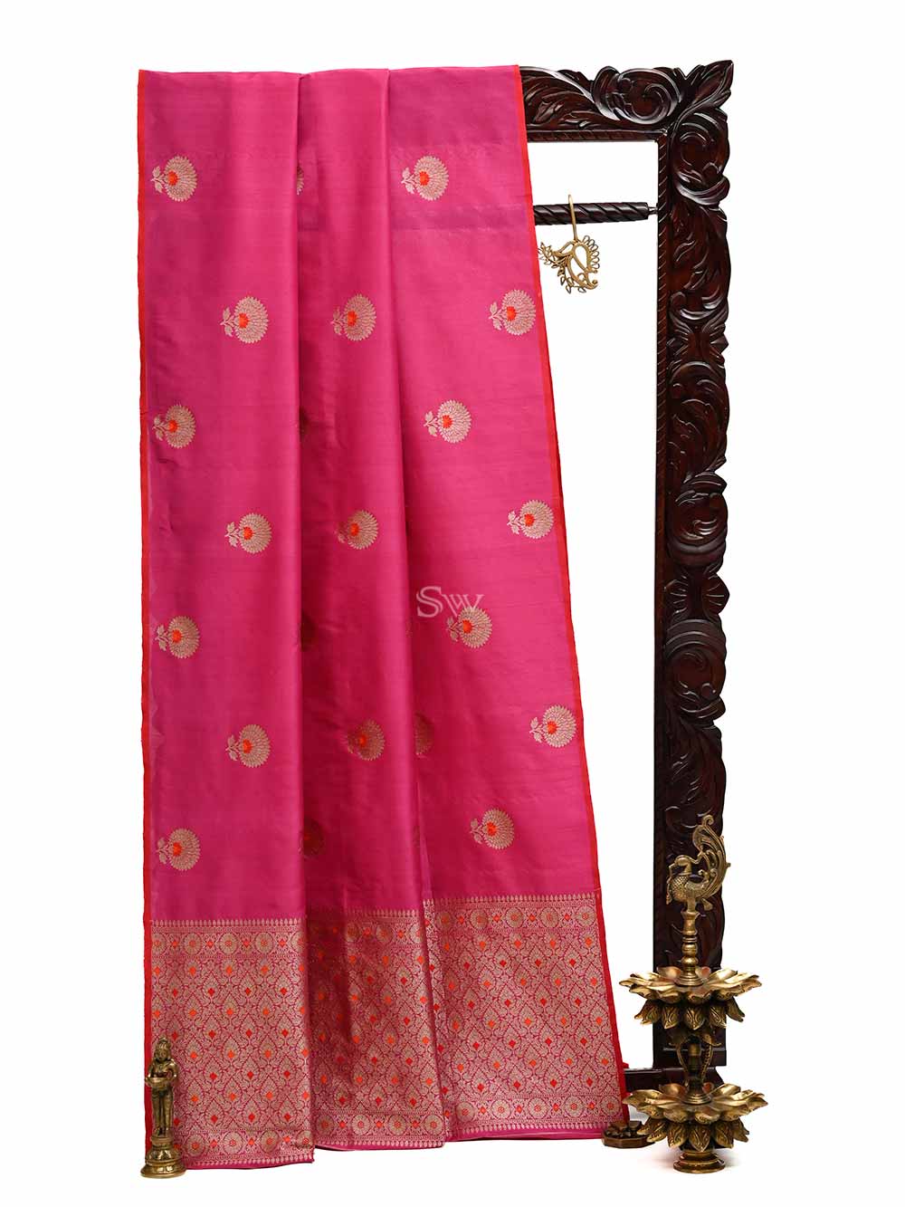 Bright Pink Meenakari Boota Tussar Silk Handloom Banarasi Saree - Sacred Weaves