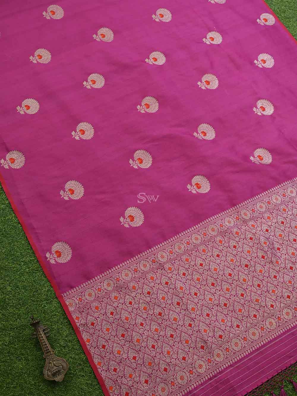 Bright Pink Meenakari Boota Tussar Silk Handloom Banarasi Saree - Sacred Weaves