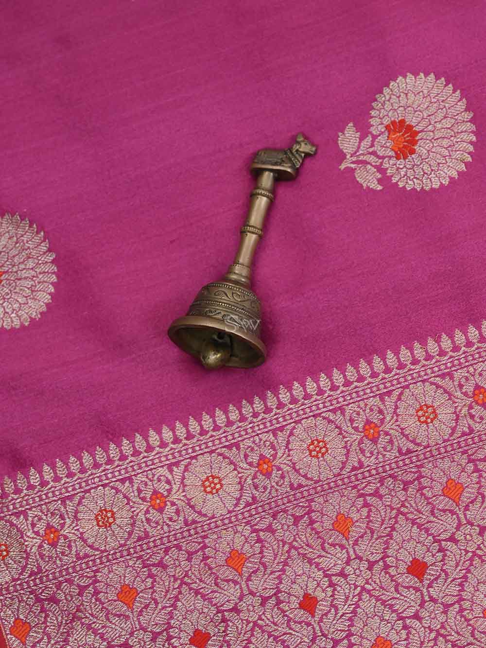 Bright Pink Meenakari Boota Tussar Silk Handloom Banarasi Saree - Sacred Weaves