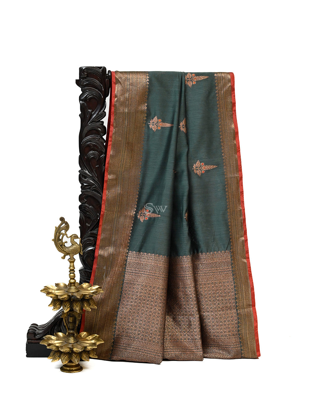 Dark Grey Boota Chanderi Silk Handloom Banarasi Saree - Sacred Weaves