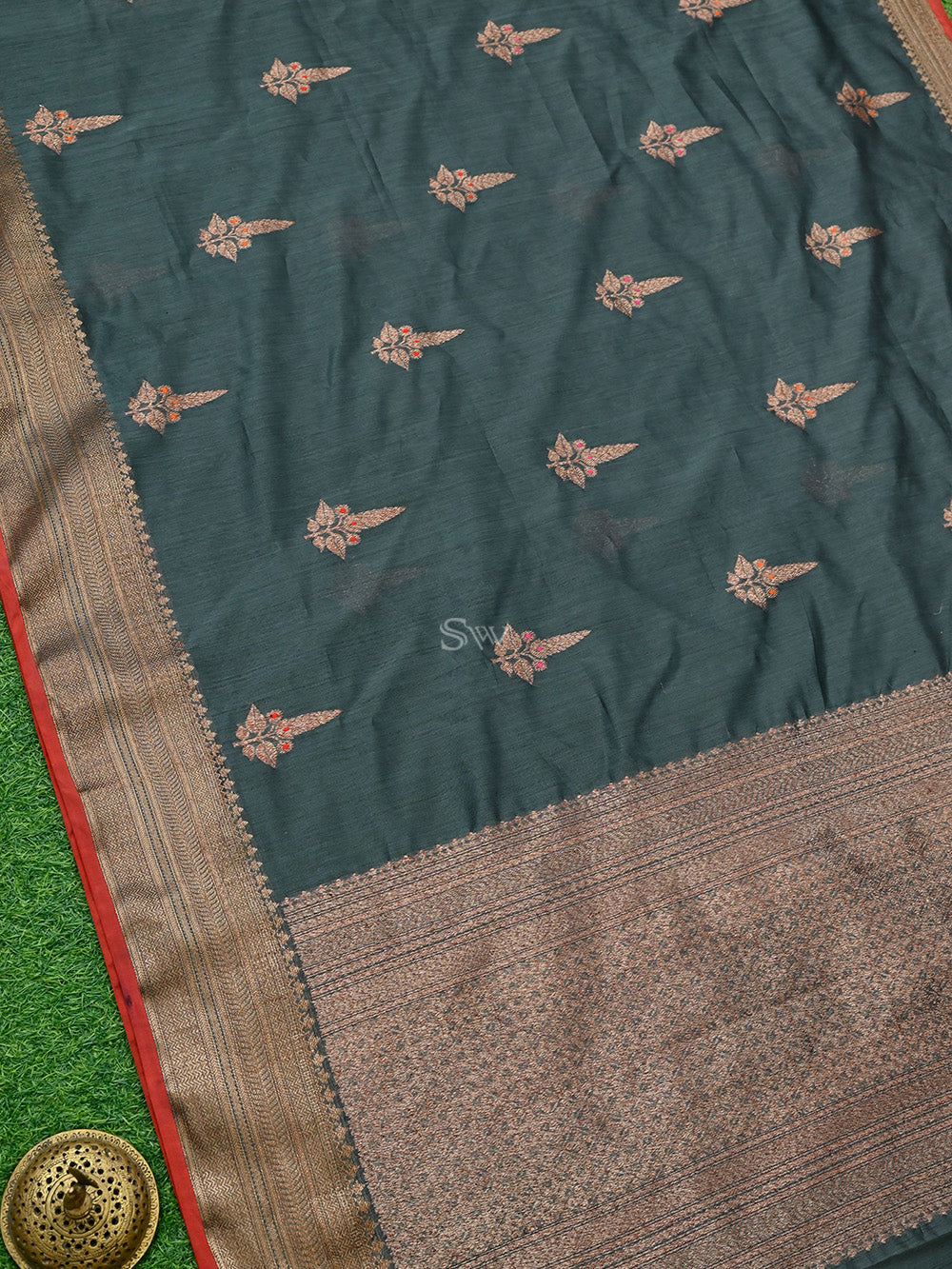 Dark Grey Boota Chanderi Silk Handloom Banarasi Saree - Sacred Weaves