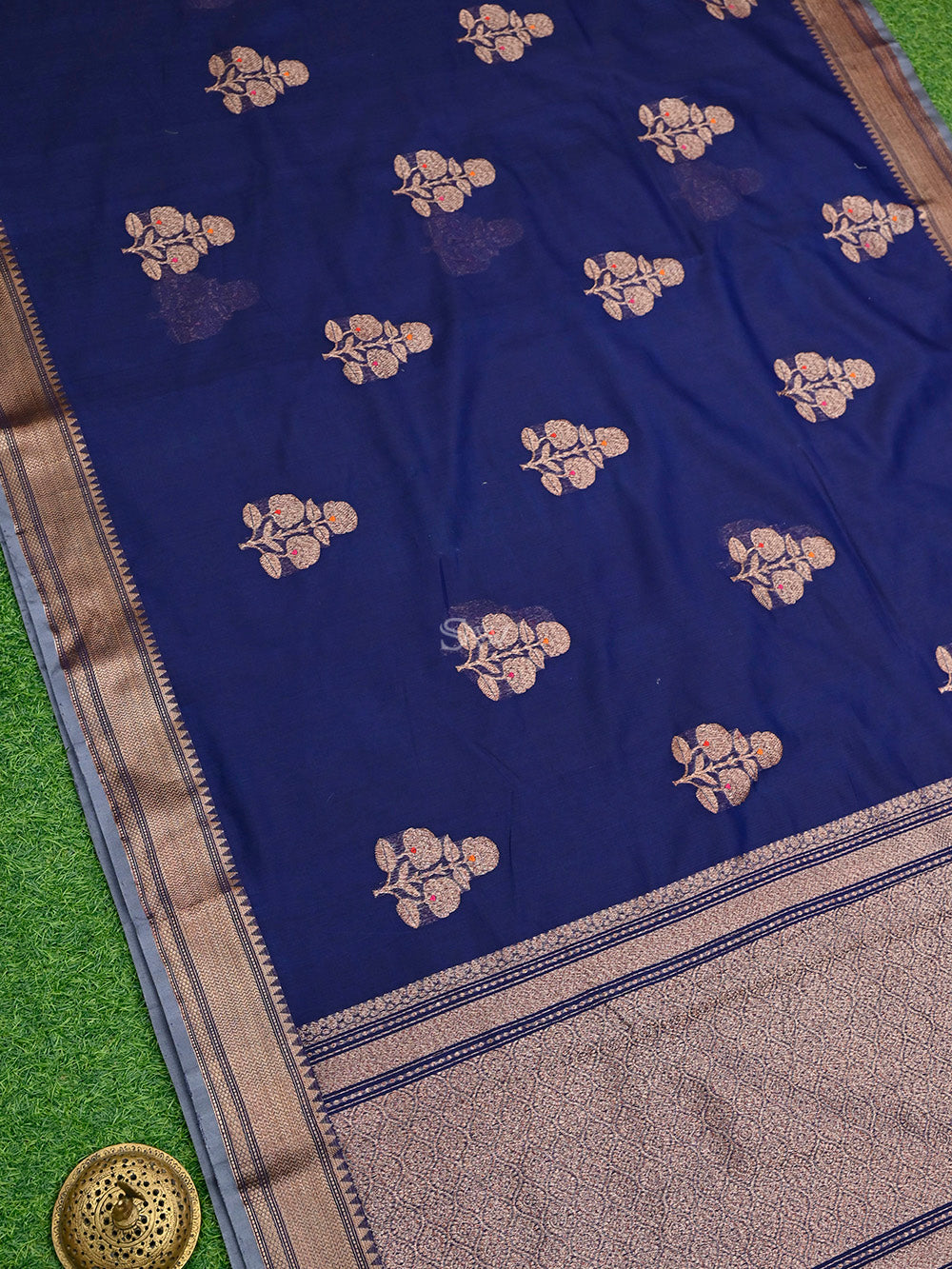 Navy Blue Boota Chanderi Silk Handloom Banarasi Saree - Sacred Weaves