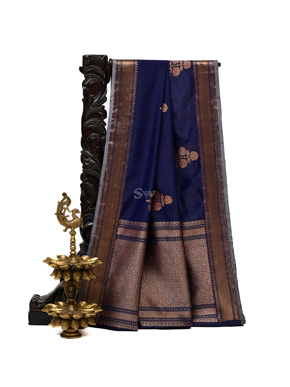 Navy Blue Boota Chanderi Silk Handloom Banarasi Saree - Sacred Weaves