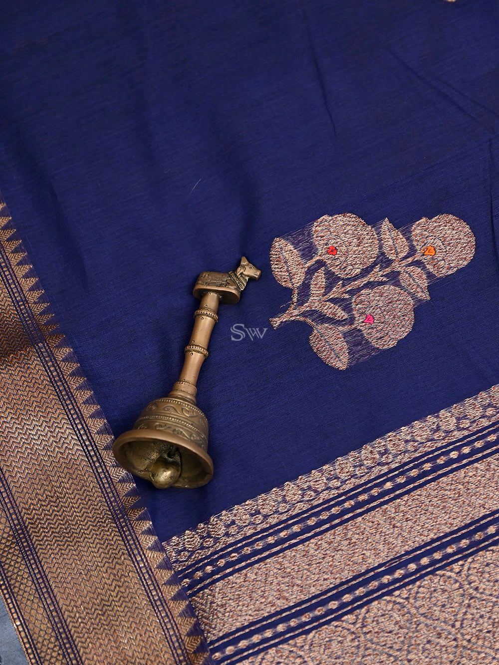 Navy Blue Boota Chanderi Silk Handloom Banarasi Saree - Sacred Weaves