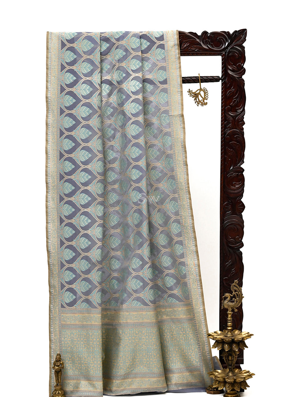 Grey Jaal Cotton Silk Handloom Banarasi Saree - Sacred Weaves