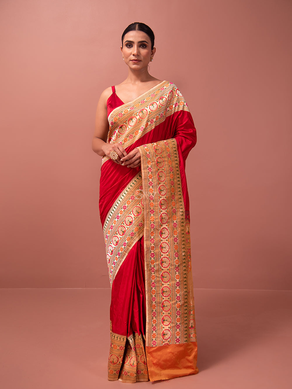 Red Paithani Katan Silk Handloom Banarasi Saree - Sacred Weaves