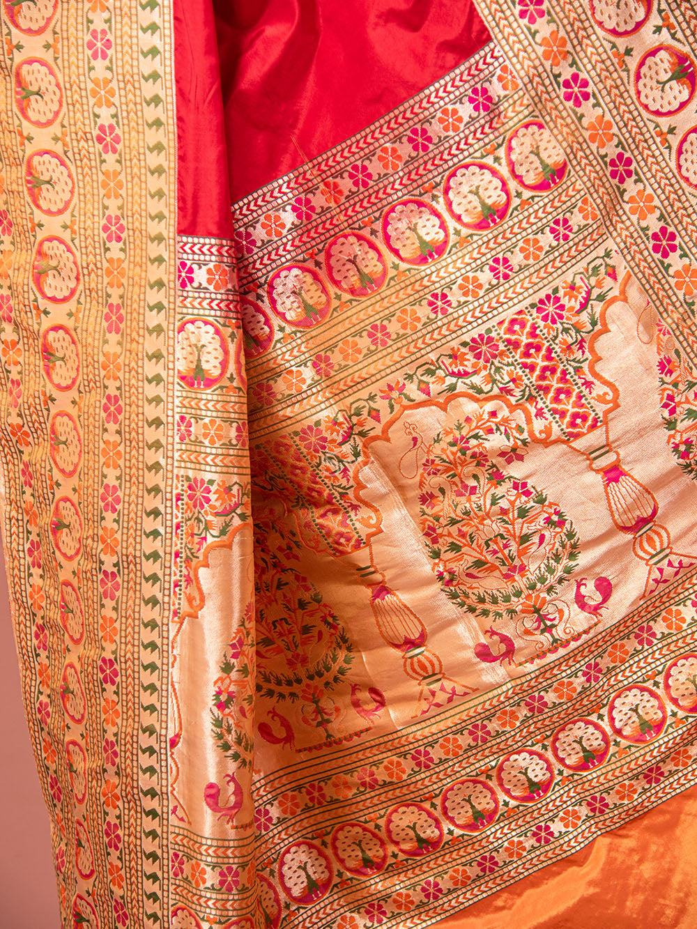 Red Paithani Katan Silk Handloom Banarasi Saree - Sacred Weaves