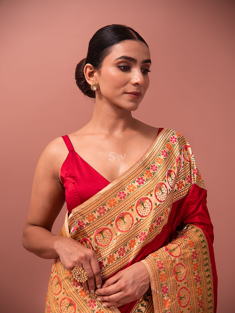 Red Paithani Katan Silk Handloom Banarasi Saree - Sacred Weaves