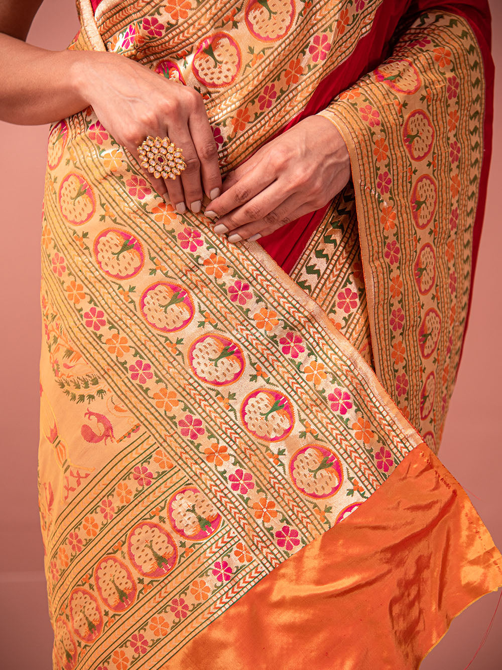 Red Paithani Katan Silk Handloom Banarasi Saree - Sacred Weaves