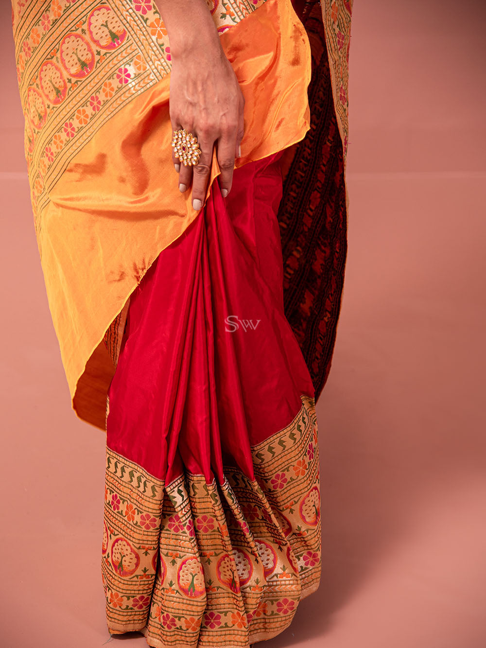 Red Paithani Katan Silk Handloom Banarasi Saree - Sacred Weaves