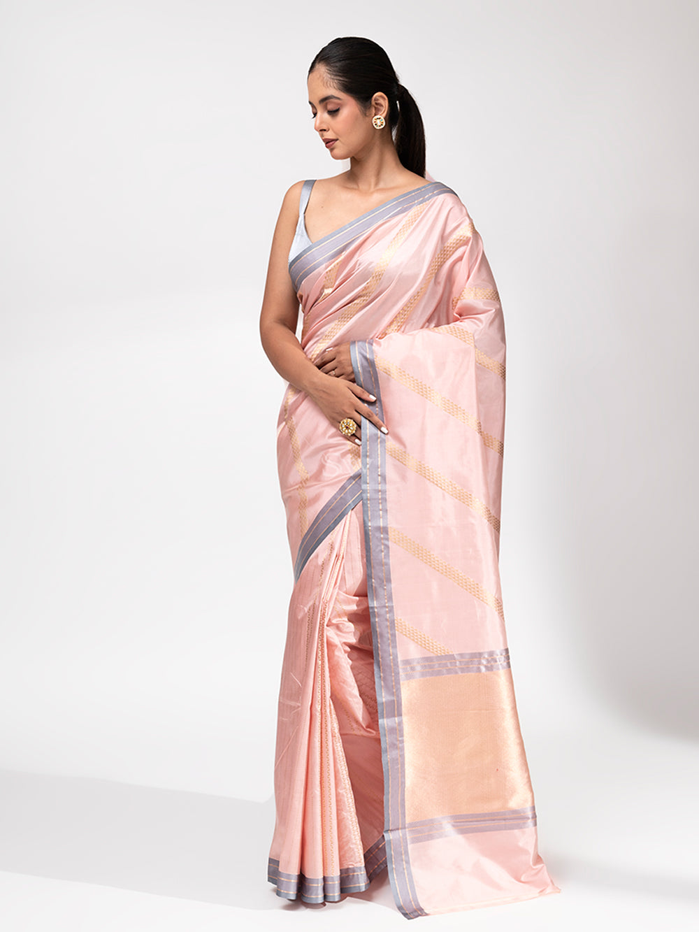 Pastel Pink Stripe Katan Silk Handloom Banarasi Saree - Sacred Weaves