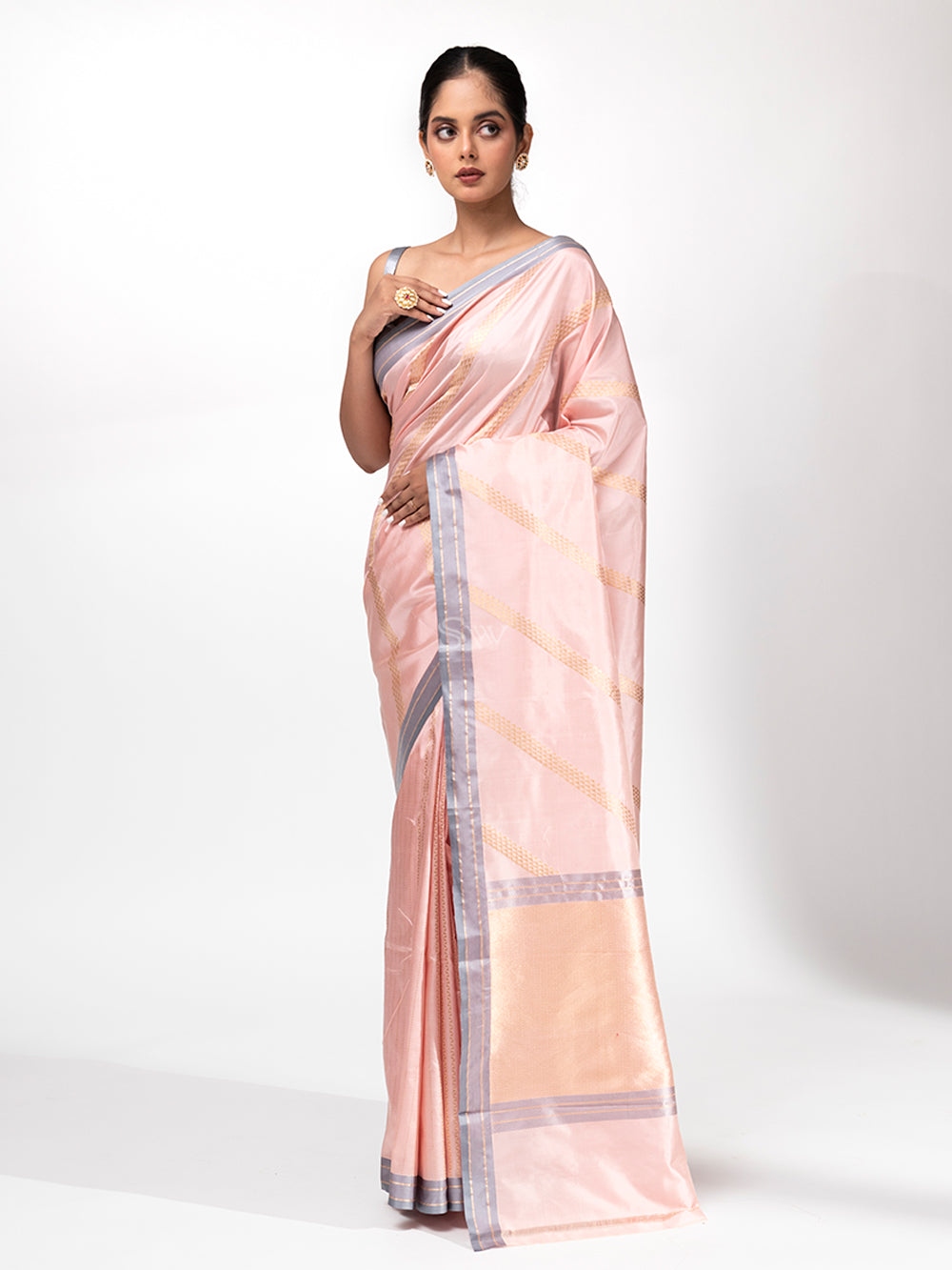 Pastel Pink Stripe Katan Silk Handloom Banarasi Saree - Sacred Weaves