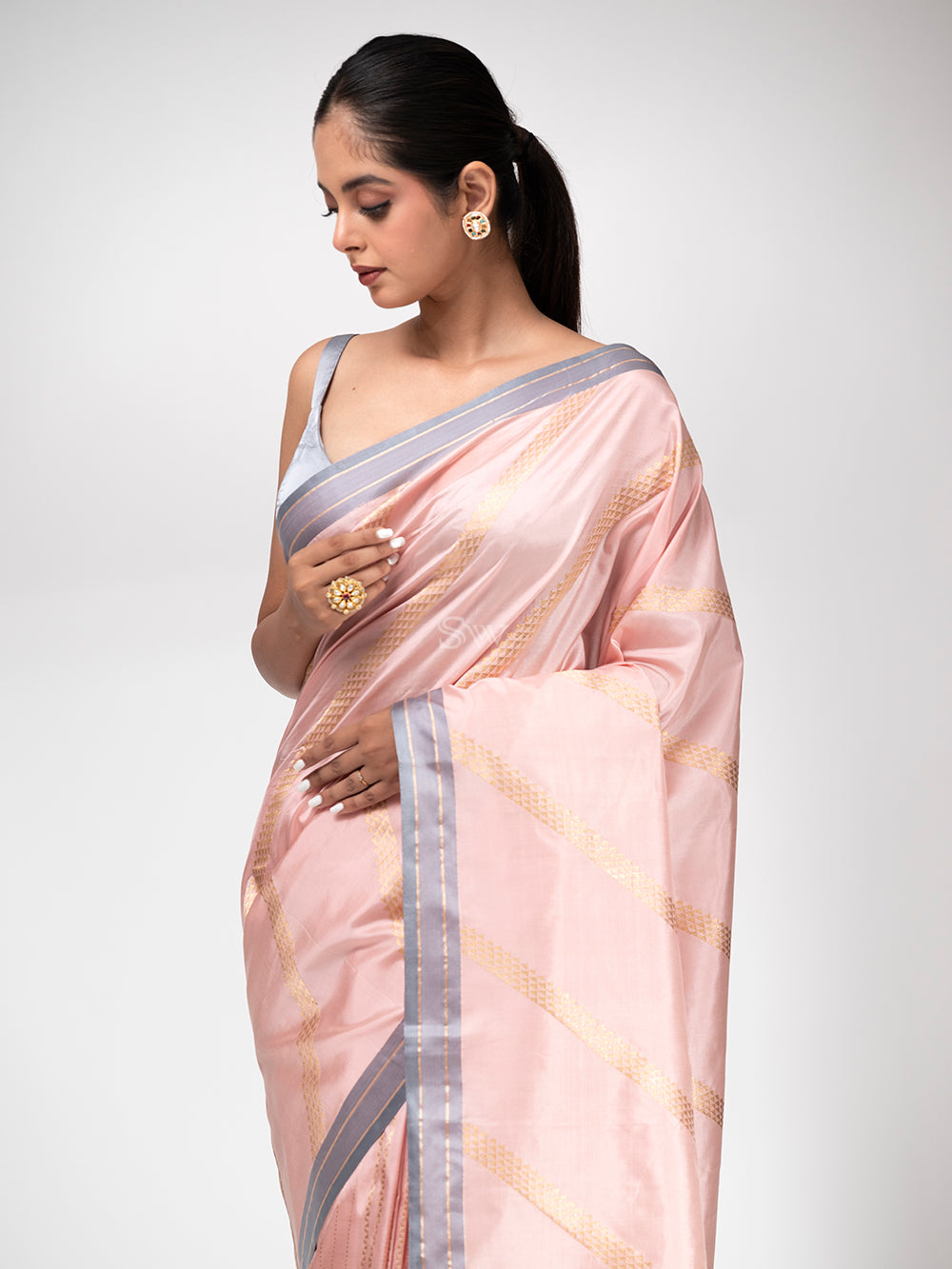 Pastel Pink Stripe Katan Silk Handloom Banarasi Saree - Sacred Weaves