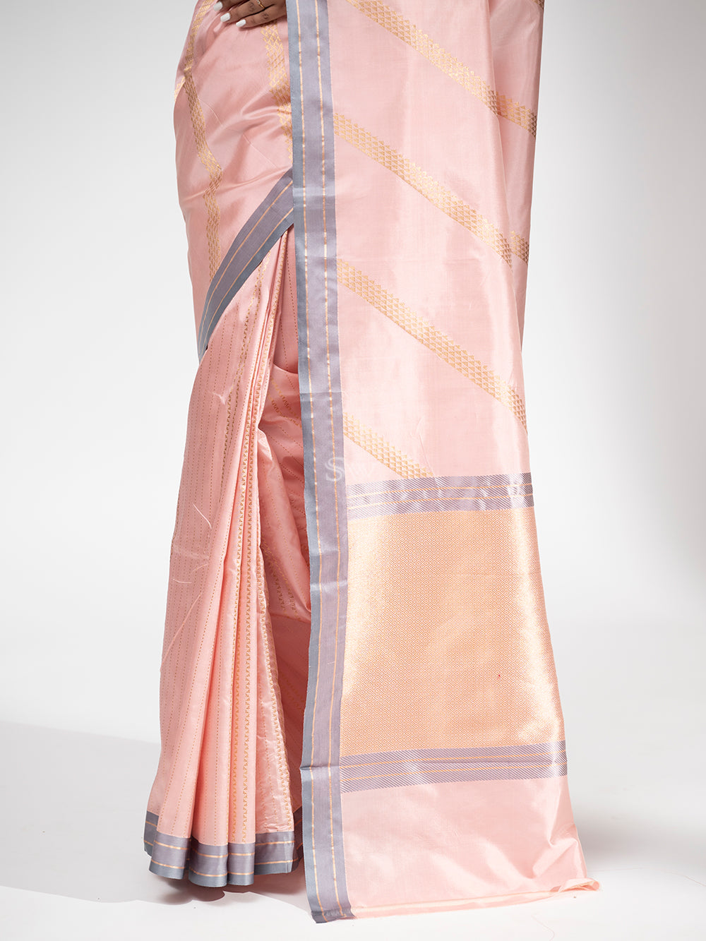 Pastel Pink Stripe Katan Silk Handloom Banarasi Saree - Sacred Weaves