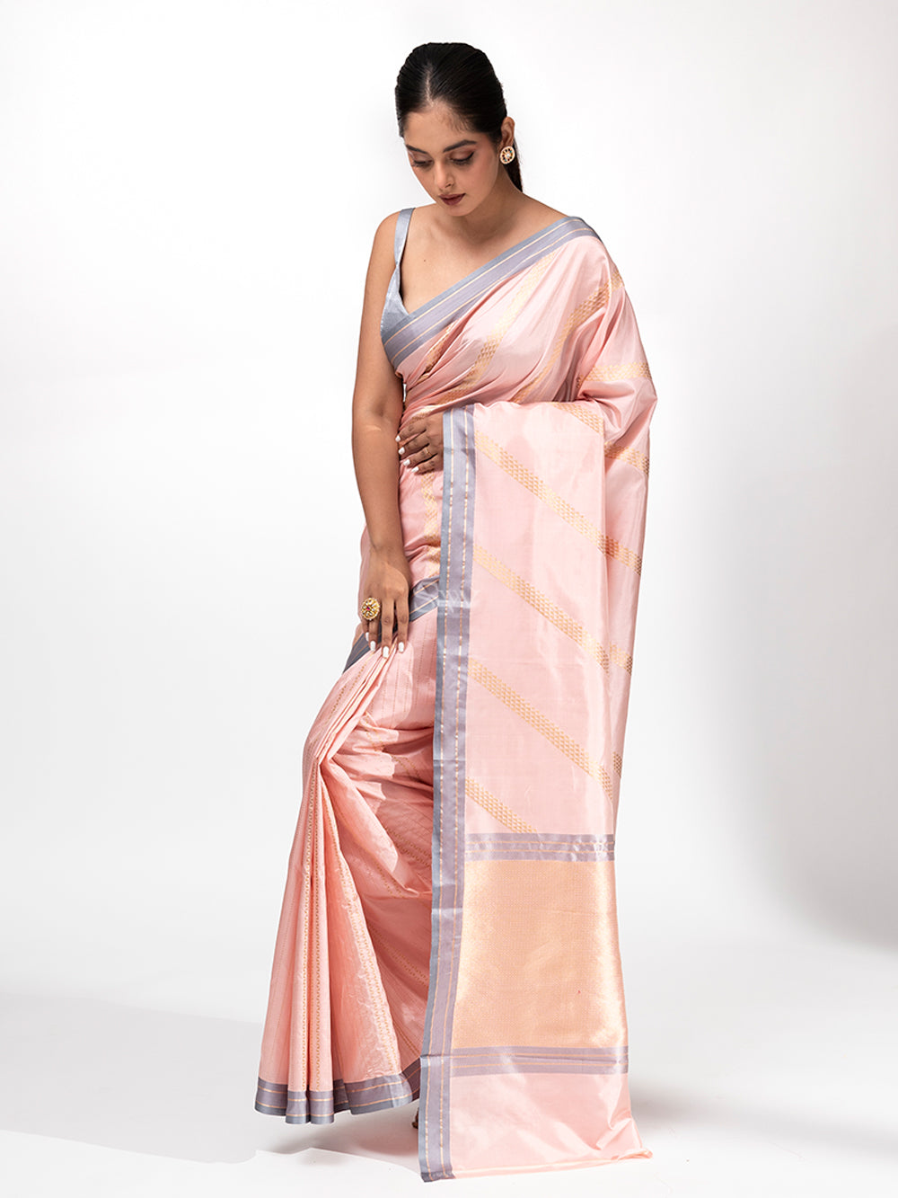 Pastel Pink Stripe Katan Silk Handloom Banarasi Saree - Sacred Weaves