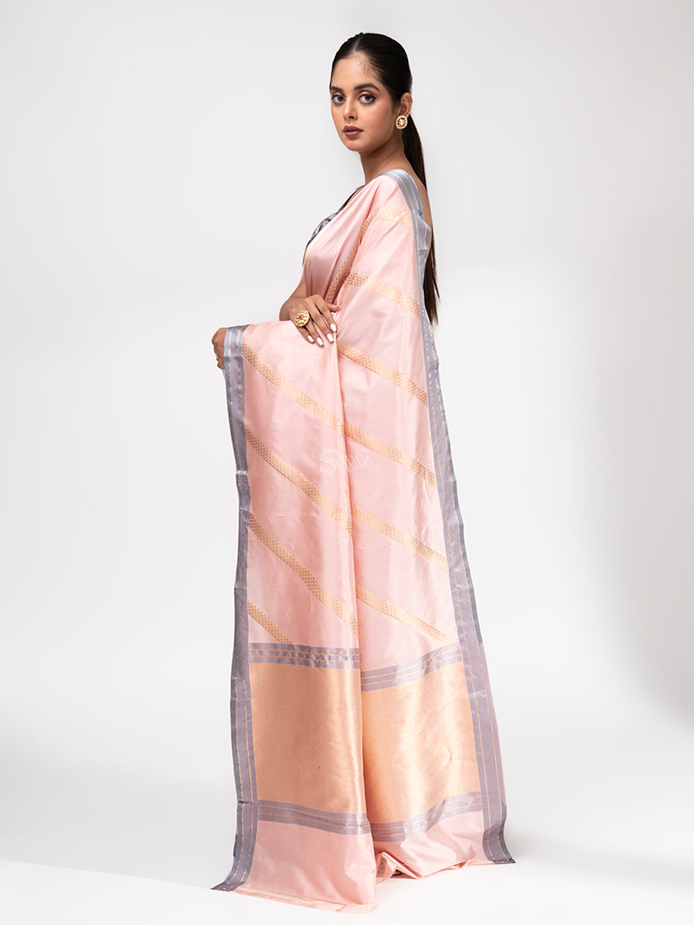 Pastel Pink Stripe Katan Silk Handloom Banarasi Saree - Sacred Weaves