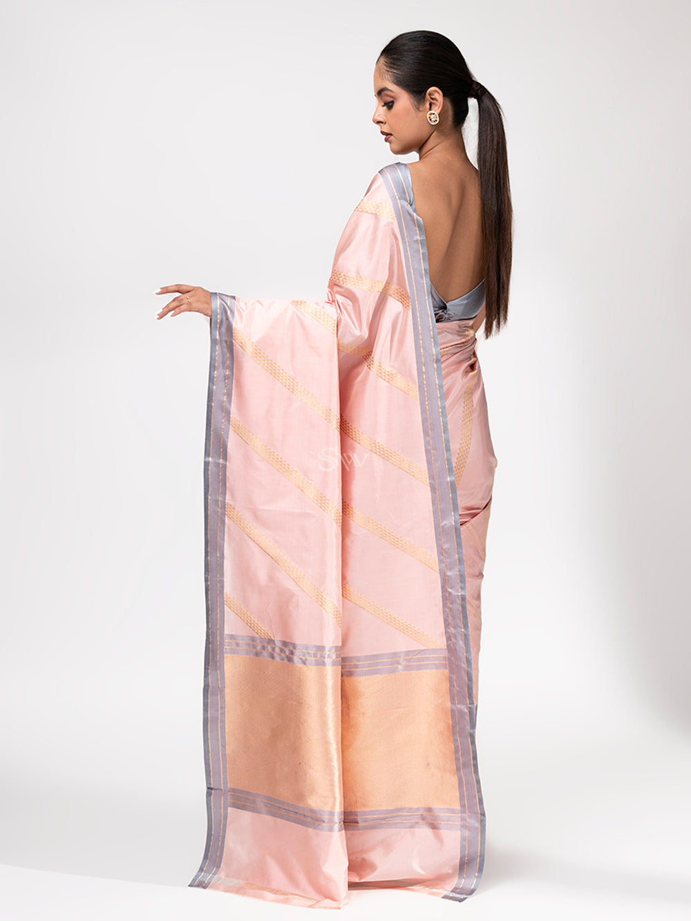 Pastel Pink Stripe Katan Silk Handloom Banarasi Saree - Sacred Weaves