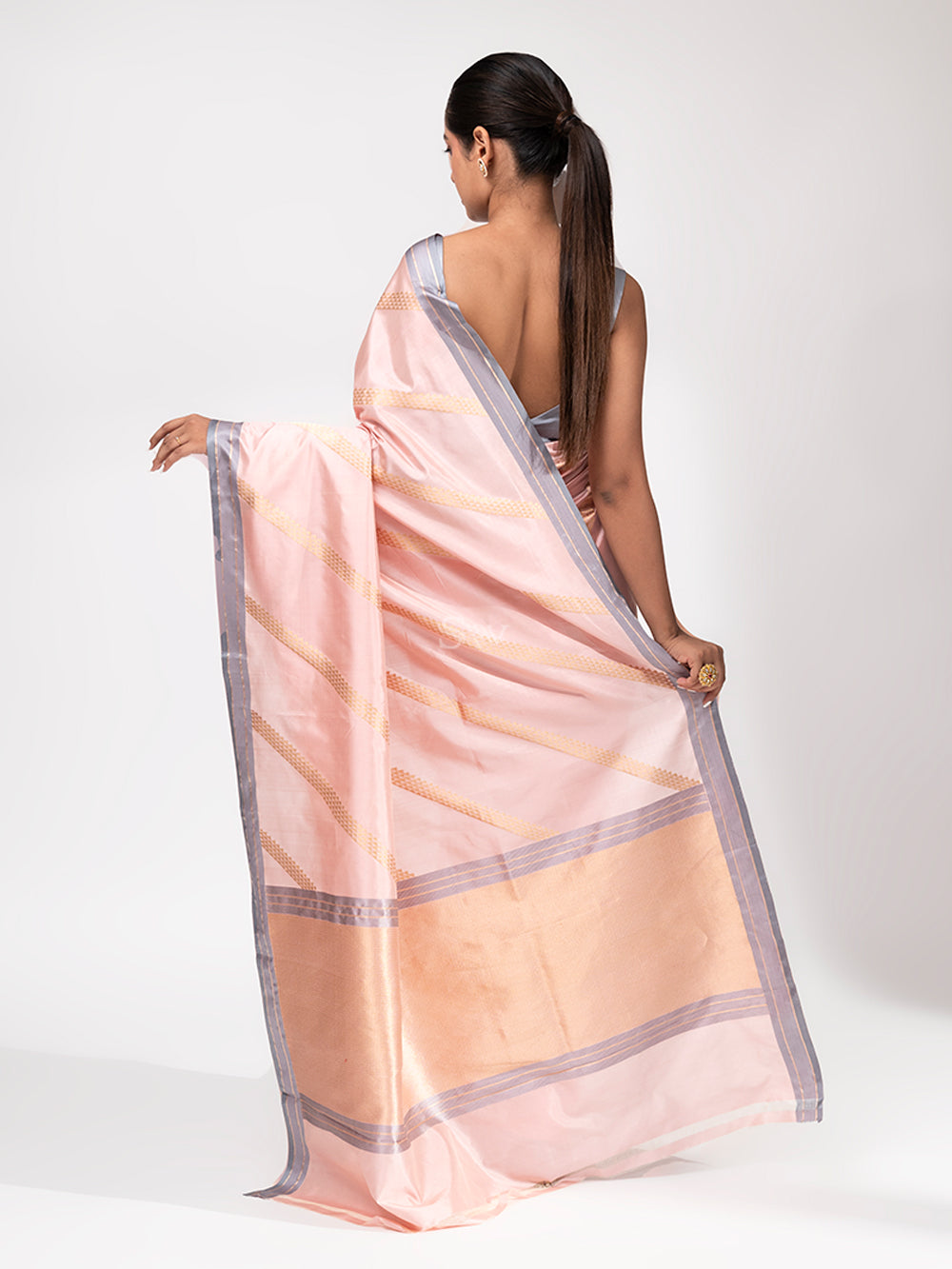 Pastel Pink Stripe Katan Silk Handloom Banarasi Saree - Sacred Weaves