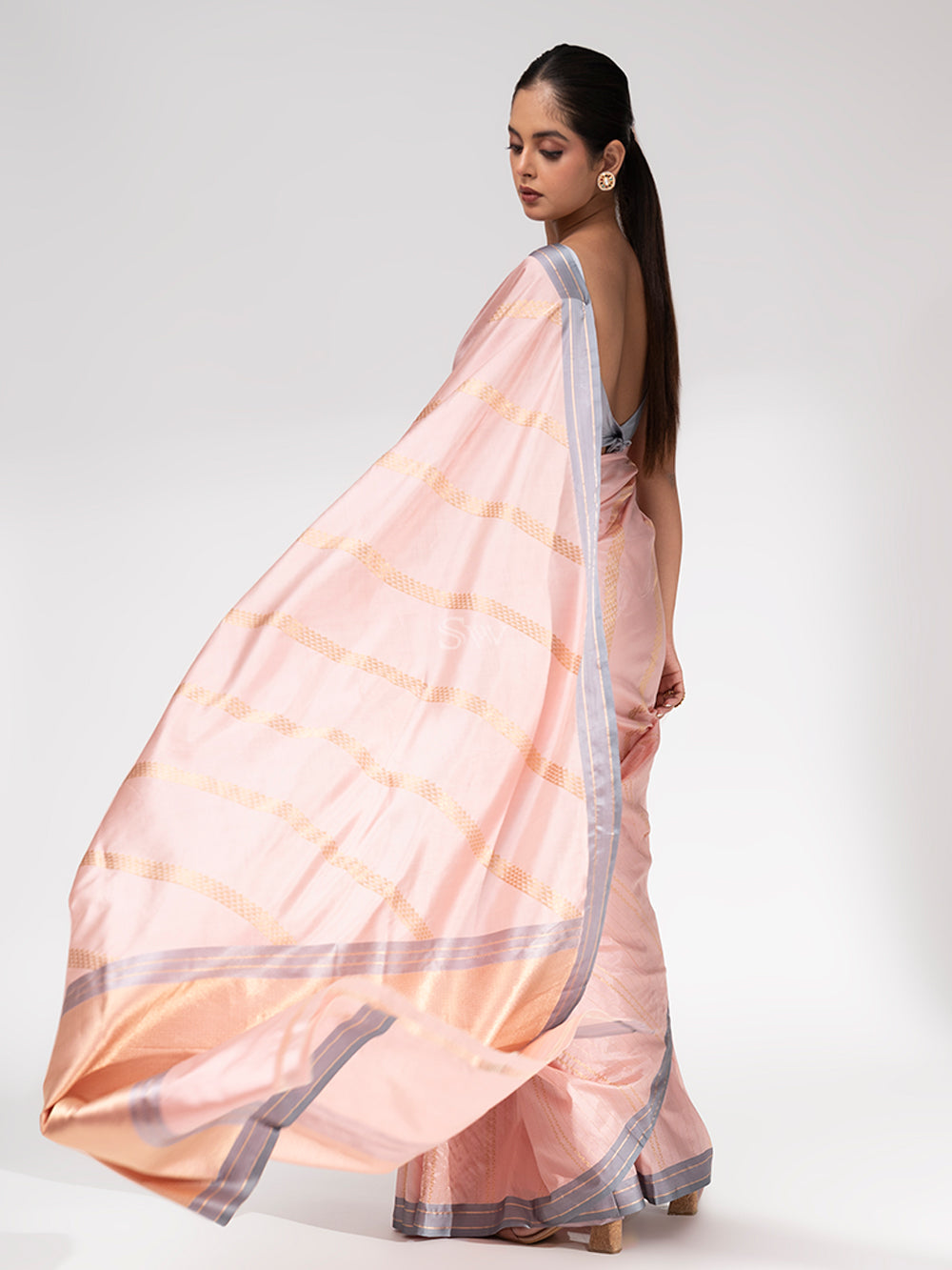 Pastel Pink Stripe Katan Silk Handloom Banarasi Saree - Sacred Weaves
