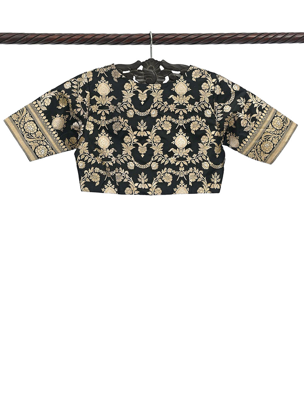 Black Sona Roopa Upadda Silk Banarasi Ready-Made Blouse - Sacred Weaves