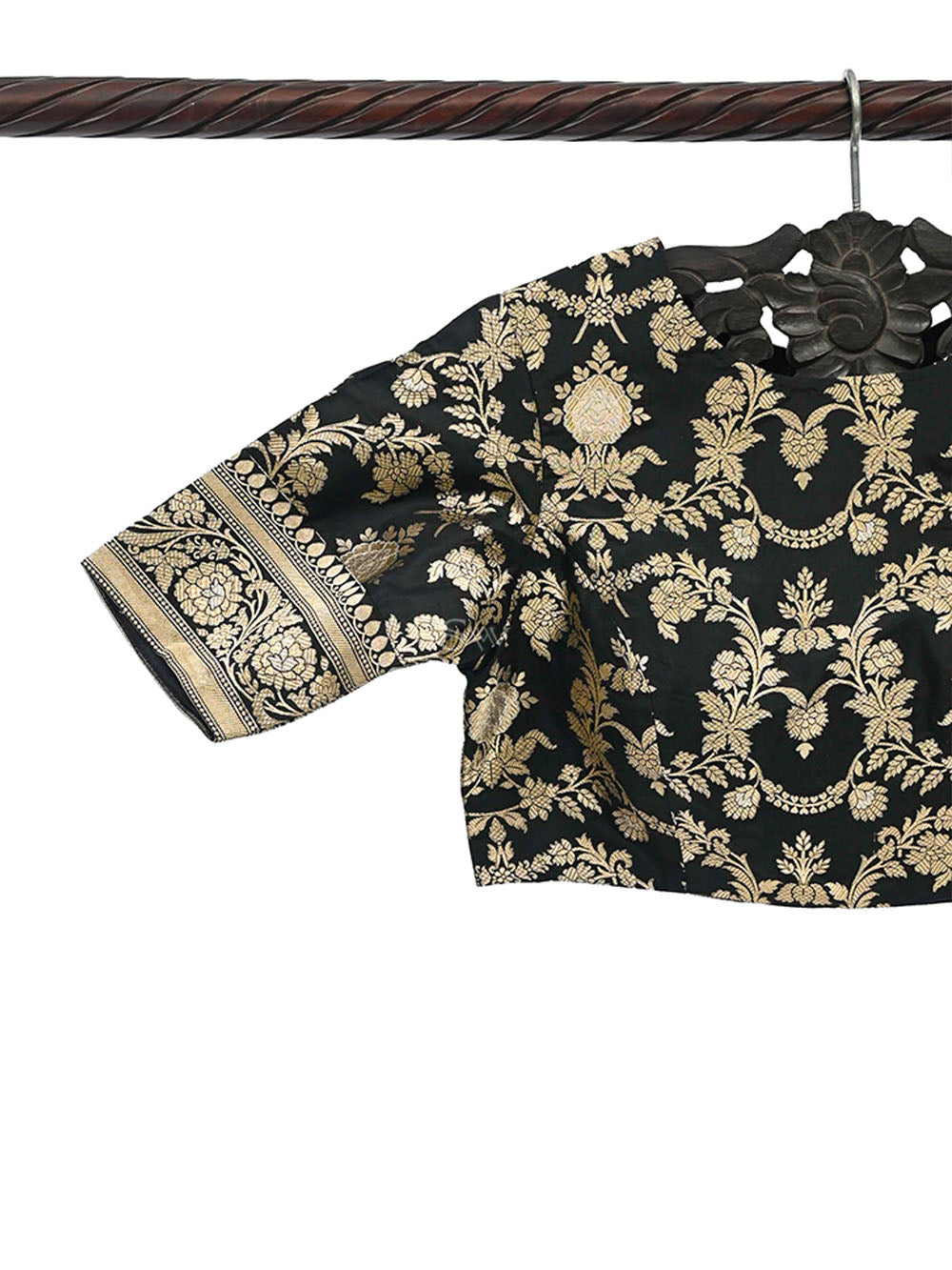 Black Sona Roopa Upadda Silk Banarasi Ready-Made Blouse - Sacred Weaves