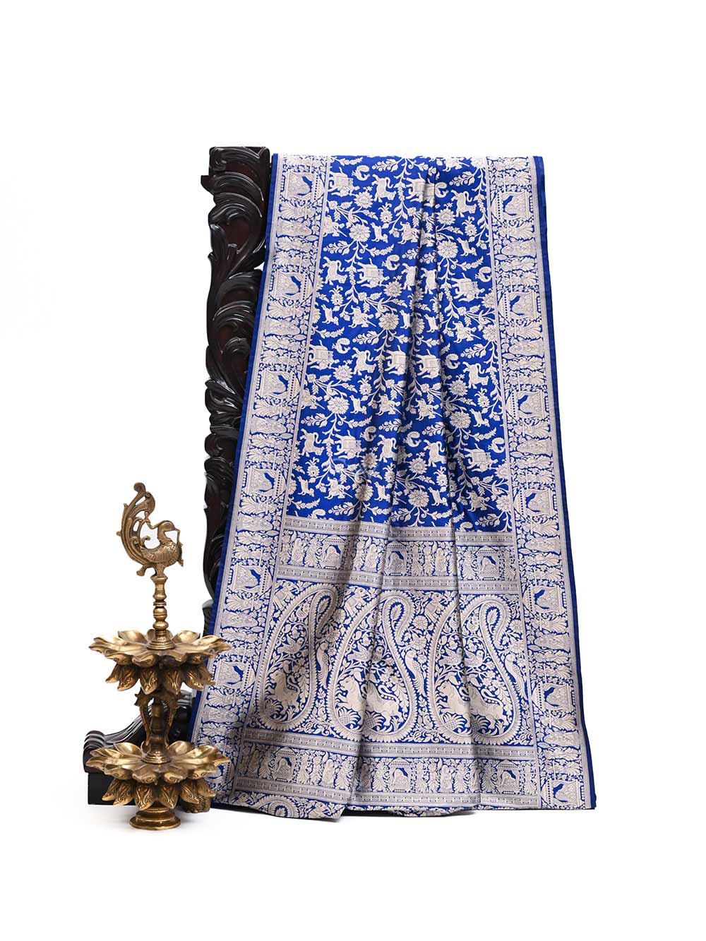 Blue Shikargah Katan Silk Handloom Banarasi Saree - Sacred Weaves