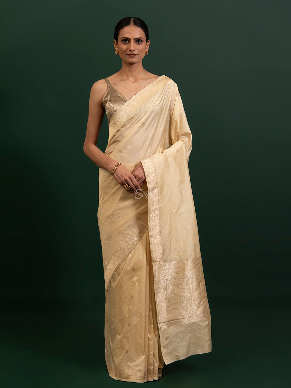 Beige Booti Katan Silk Handloom Banarasi Saree - Sacred Weaves