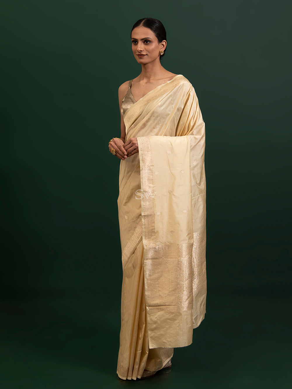 Beige Booti Katan Silk Handloom Banarasi Saree - Sacred Weaves