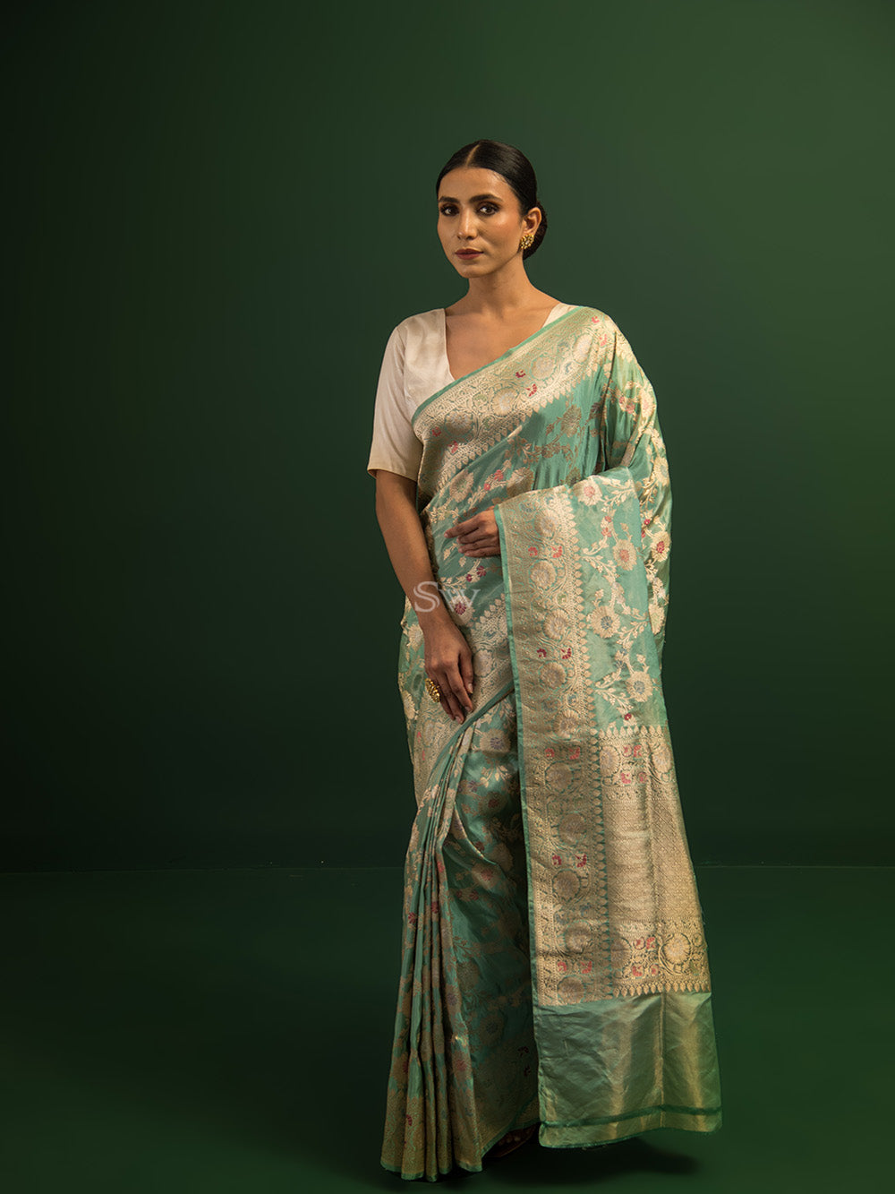 Sea Green Meenakari Katan Tissue Silk Handloom Banarasi Saree - Sacred Weaves