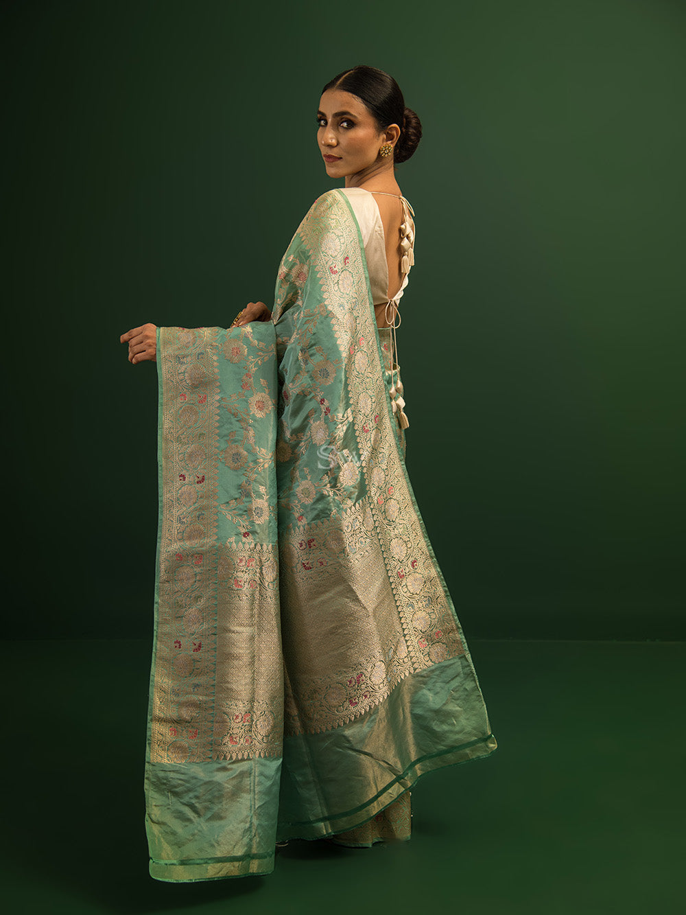 Sea Green Meenakari Katan Tissue Silk Handloom Banarasi Saree - Sacred Weaves