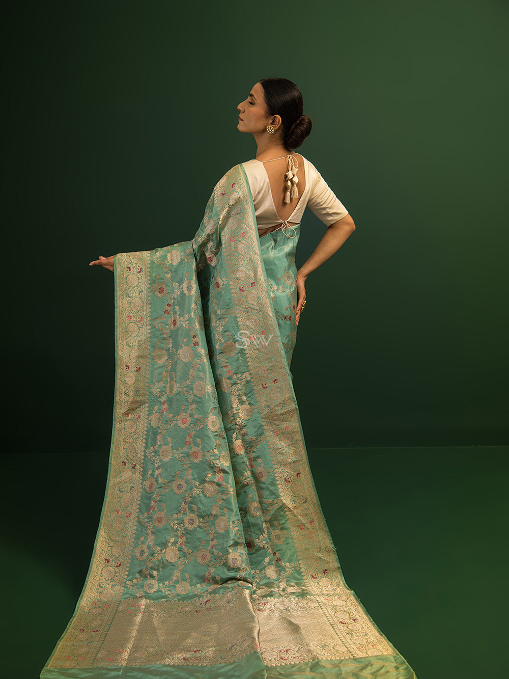 Sea Green Meenakari Katan Tissue Silk Handloom Banarasi Saree - Sacred Weaves