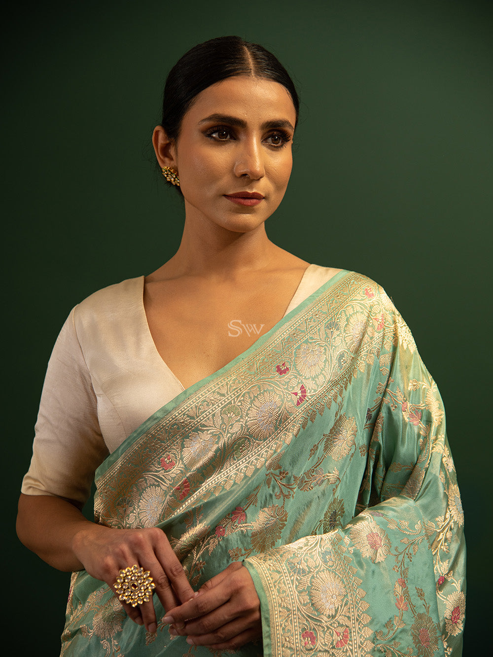 Sea Green Meenakari Katan Tissue Silk Handloom Banarasi Saree - Sacred Weaves