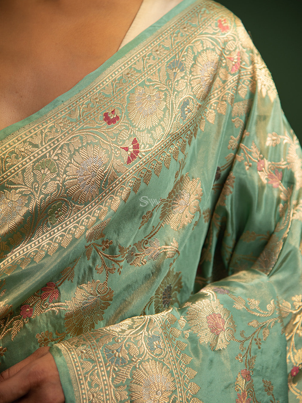 Sea Green Meenakari Katan Tissue Silk Handloom Banarasi Saree - Sacred Weaves