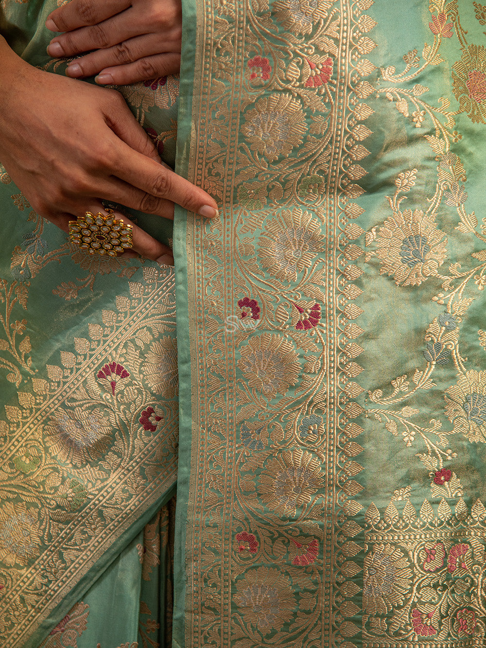 Sea Green Meenakari Katan Tissue Silk Handloom Banarasi Saree - Sacred Weaves