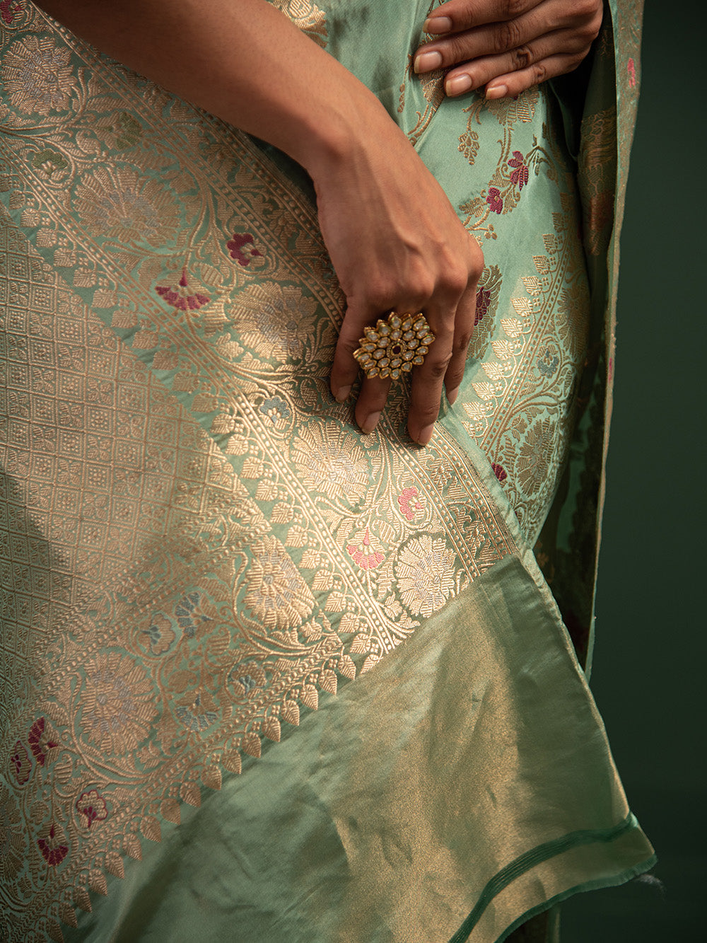Sea Green Meenakari Katan Tissue Silk Handloom Banarasi Saree - Sacred Weaves