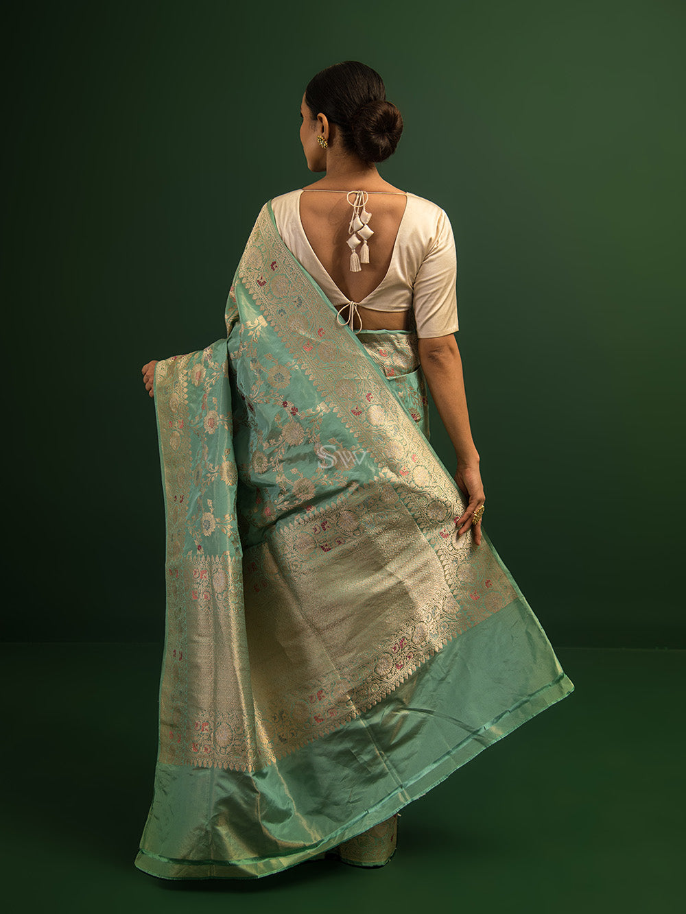 Sea Green Meenakari Katan Tissue Silk Handloom Banarasi Saree - Sacred Weaves