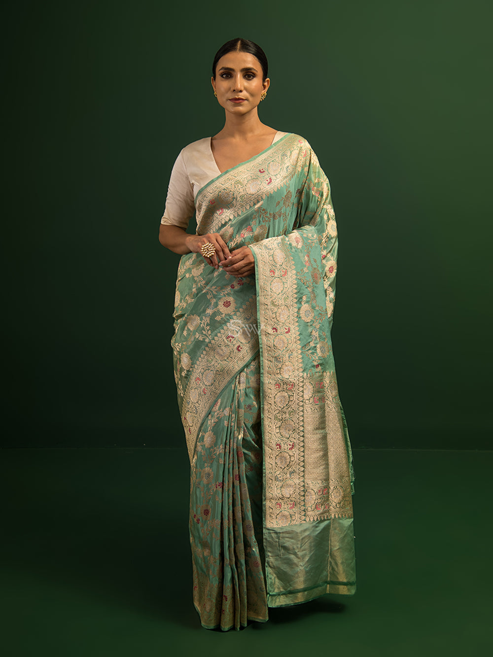 Sea Green Meenakari Katan Tissue Silk Handloom Banarasi Saree - Sacred Weaves