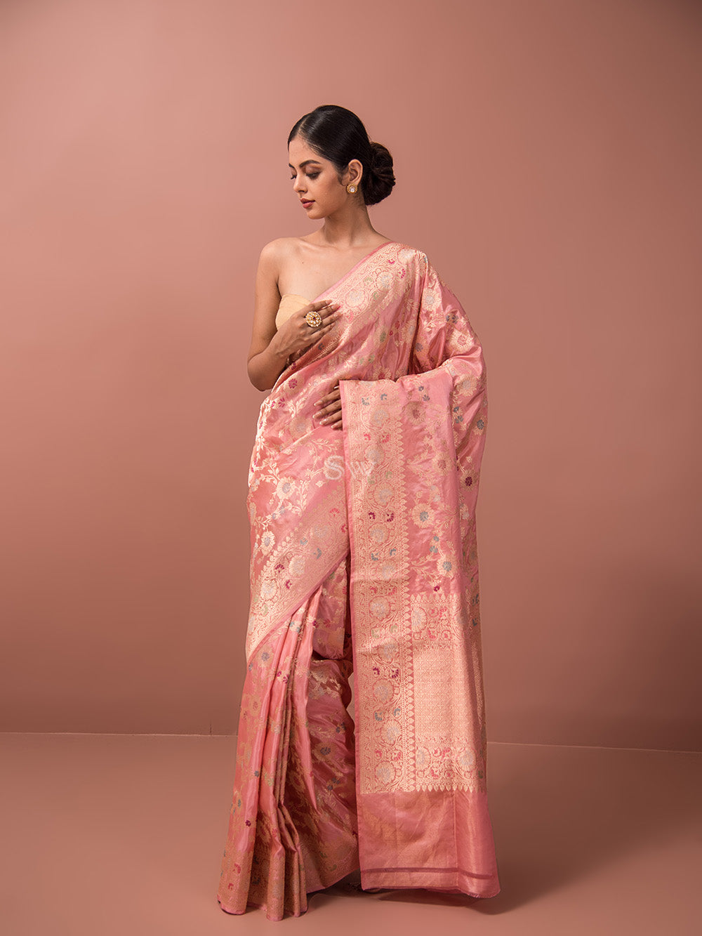 Pastel Pink Meenakari Katan Tissue Silk Handloom Banarasi Saree - Sacred Weaves