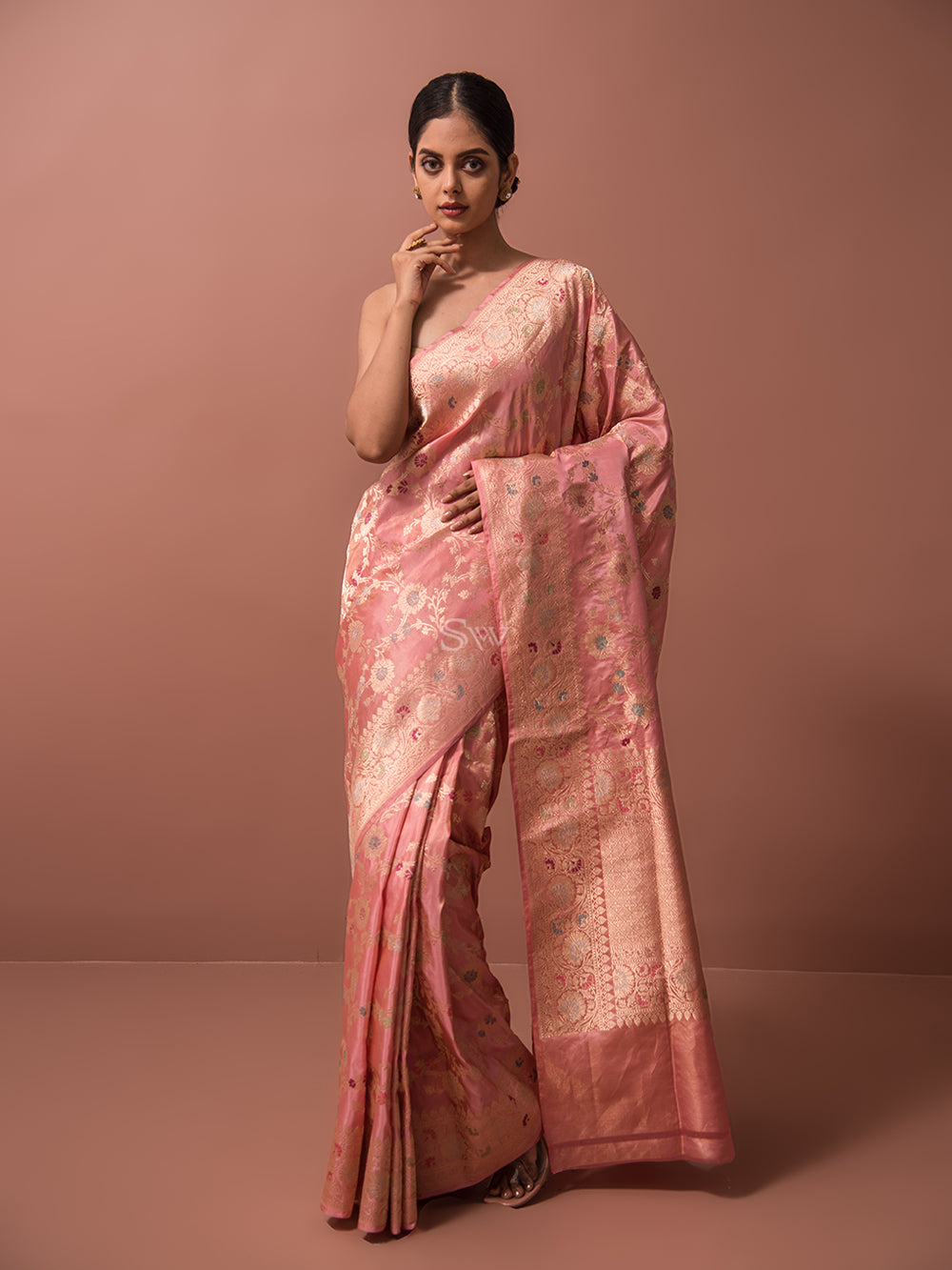 Pastel Pink Meenakari Katan Tissue Silk Handloom Banarasi Saree - Sacred Weaves