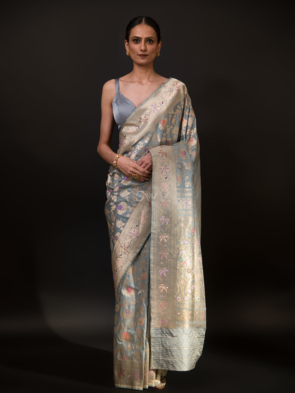 Grey Meenakari Katan Silk Handloom Banarasi Saree - Sacred Weaves
