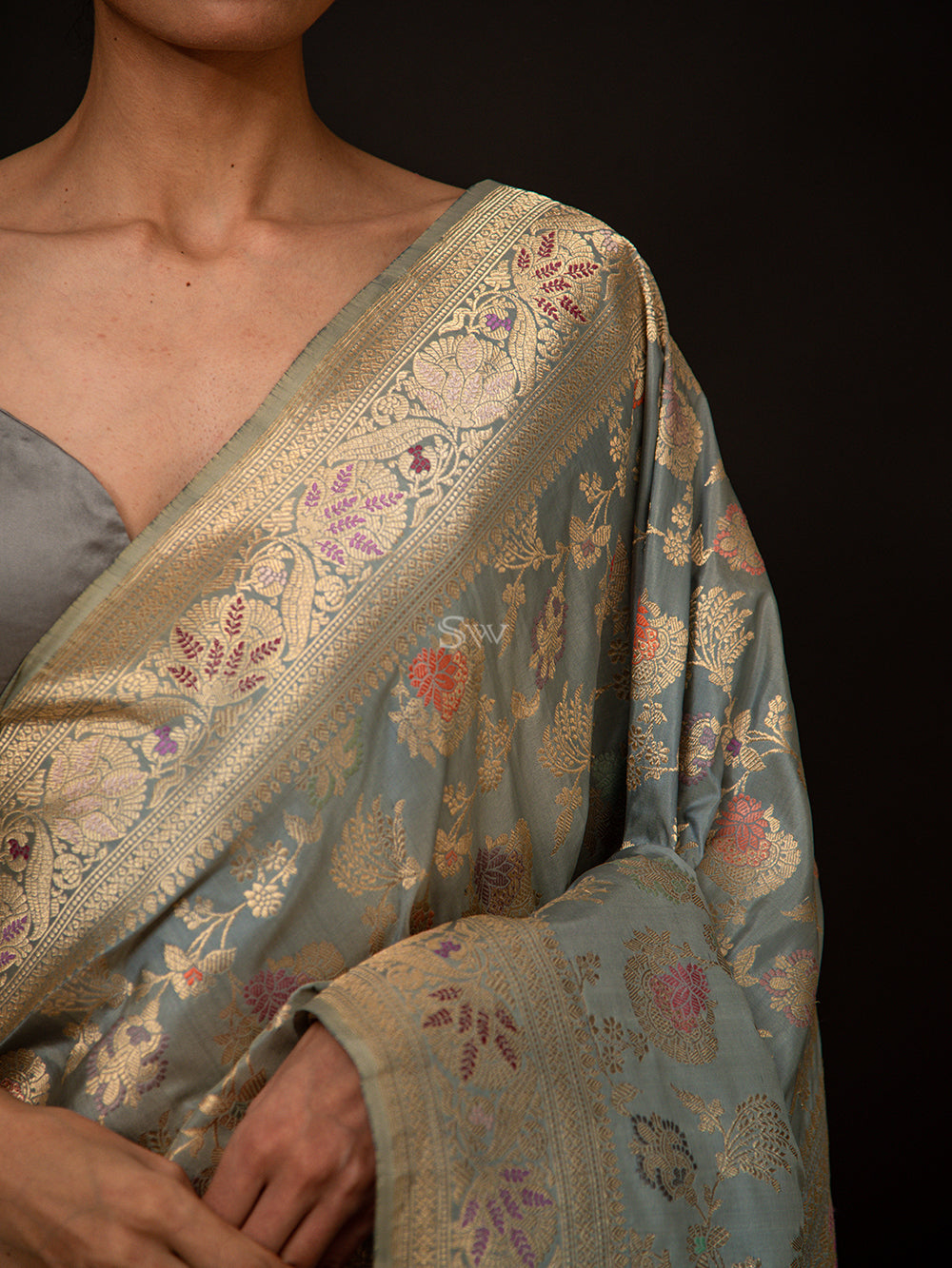 Grey Meenakari Katan Silk Handloom Banarasi Saree - Sacred Weaves