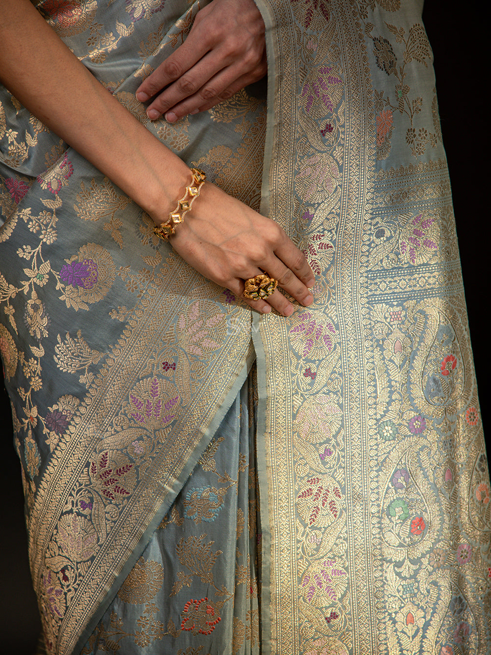 Grey Meenakari Katan Silk Handloom Banarasi Saree - Sacred Weaves